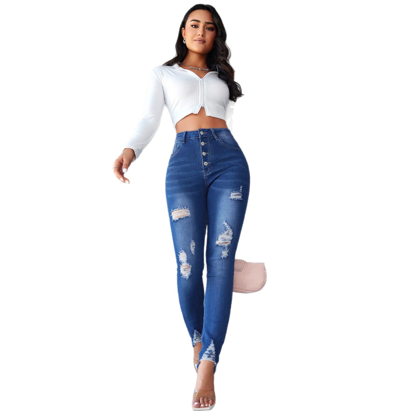 Damen High-Waist Skinny Jeans mit modischen Rissen und Knopfdetails Stalluxe