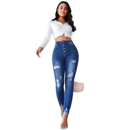 Damen High-Waist Skinny Jeans mit modischen Rissen und Knopfdetails Stalluxe