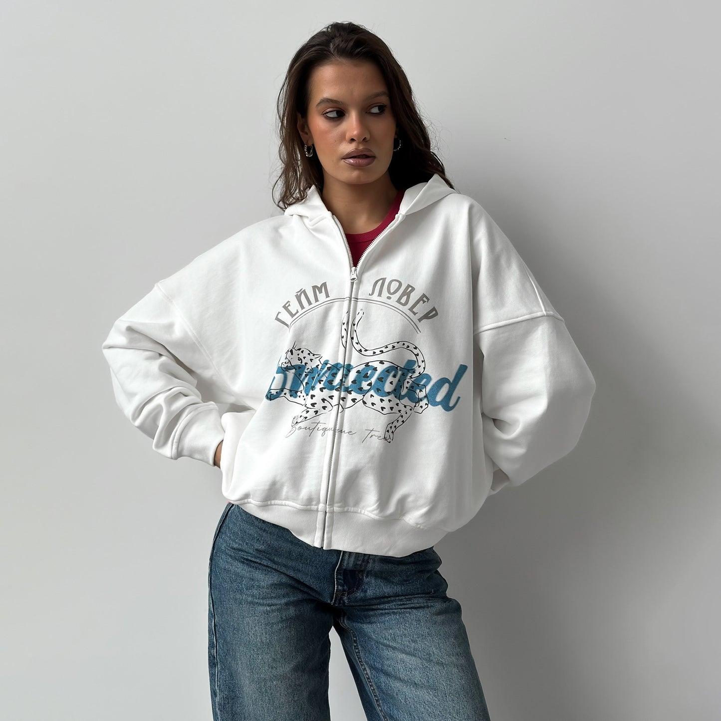 Damen oversized Kapuzenjacke mit kreativem Druck Stalluxe Weiß