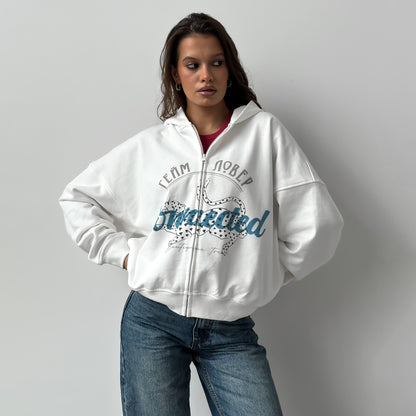 Damen oversized Kapuzenjacke mit kreativem Druck Stalluxe Weiß