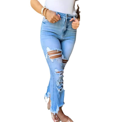 Damen Flared Jeans mit modischen Destroyed-Details und hoch geschnittenem Bund Stalluxe