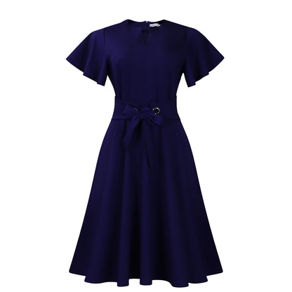 Damen Midi-Kleid mit eleganten Volantärmel und schickem Taillengürtel Stalluxe