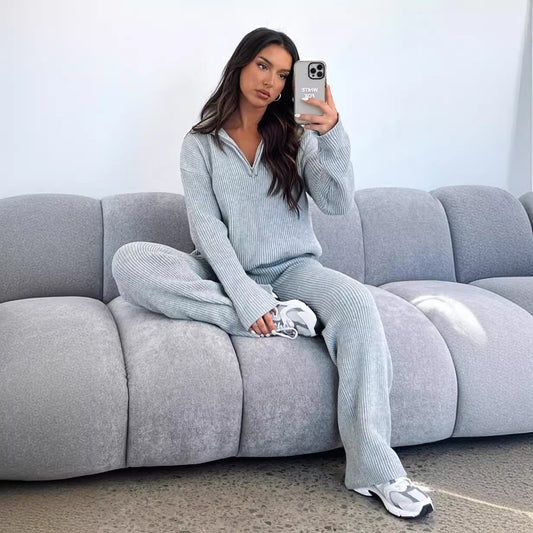 Damen kuscheliges Strick-Loungewear-Set mit hoch geschlossenem Kragen Stalluxe