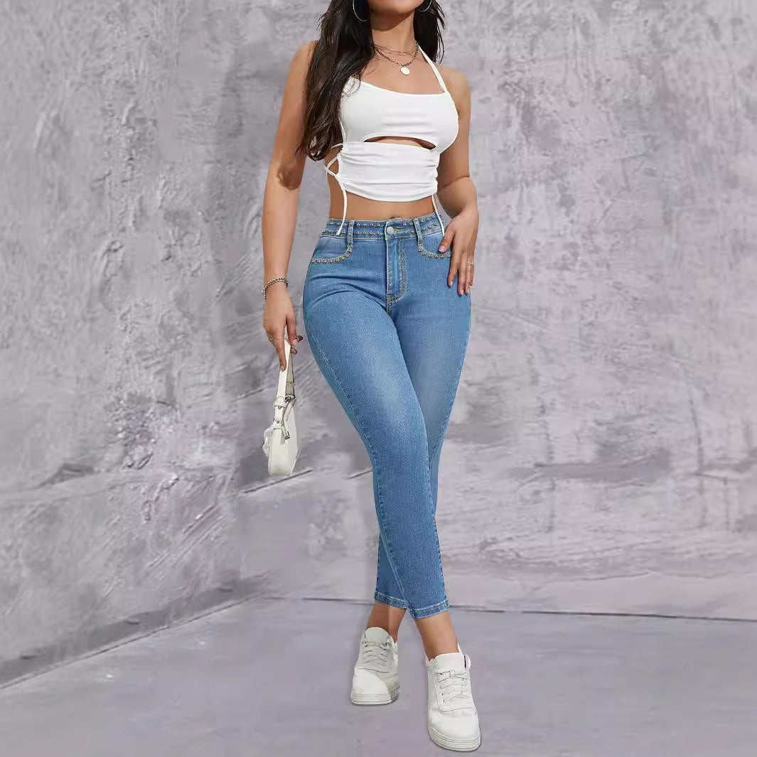 Damen Hochtaillierte Skinny Jeans mit Glitzerapplikationen Stalluxe