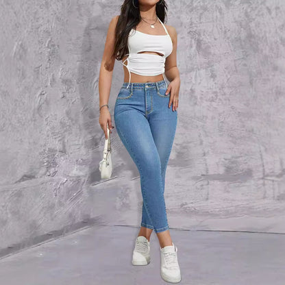 Damen Hochtaillierte Skinny Jeans mit Glitzerapplikationen Stalluxe