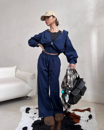 Damen sportliches Cropped-Set mit Reißverschluss und bequemen weiten Hosen Stalluxe