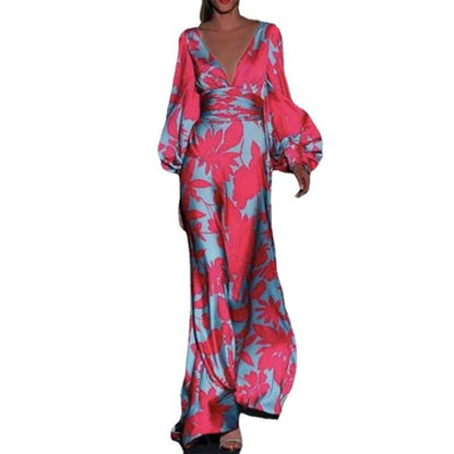 Damen Maxikleid mit tiefem V-Ausschnitt und voluminösen Ärmeln Stalluxe