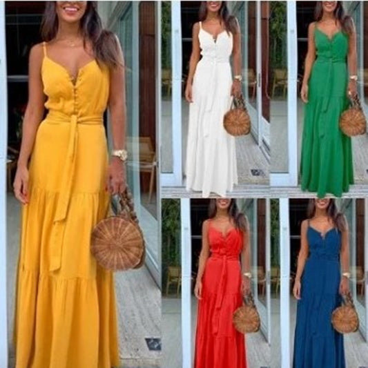 Damen Maxikleid mit tiefem V-Ausschnitt und aufgesetzten Knöpfen Stalluxe