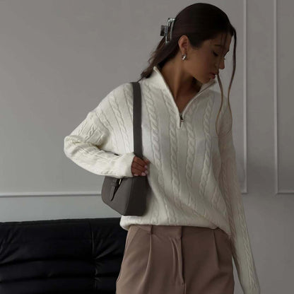 Damen cropped Pullover mit Zopfmuster und Reißverschluss Stalluxe
