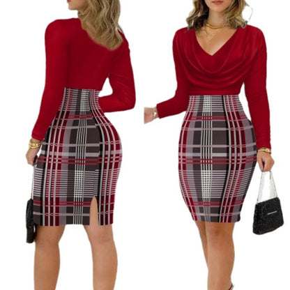 Damen elegantes Kleid mit Wickeloberteil und kariertem Rock Stalluxe