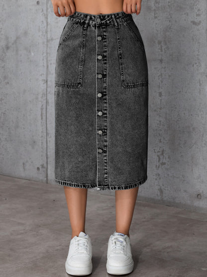 Damen Jeans-Midirock mit Knopfverschluss und praktischen Taschen Stalluxe