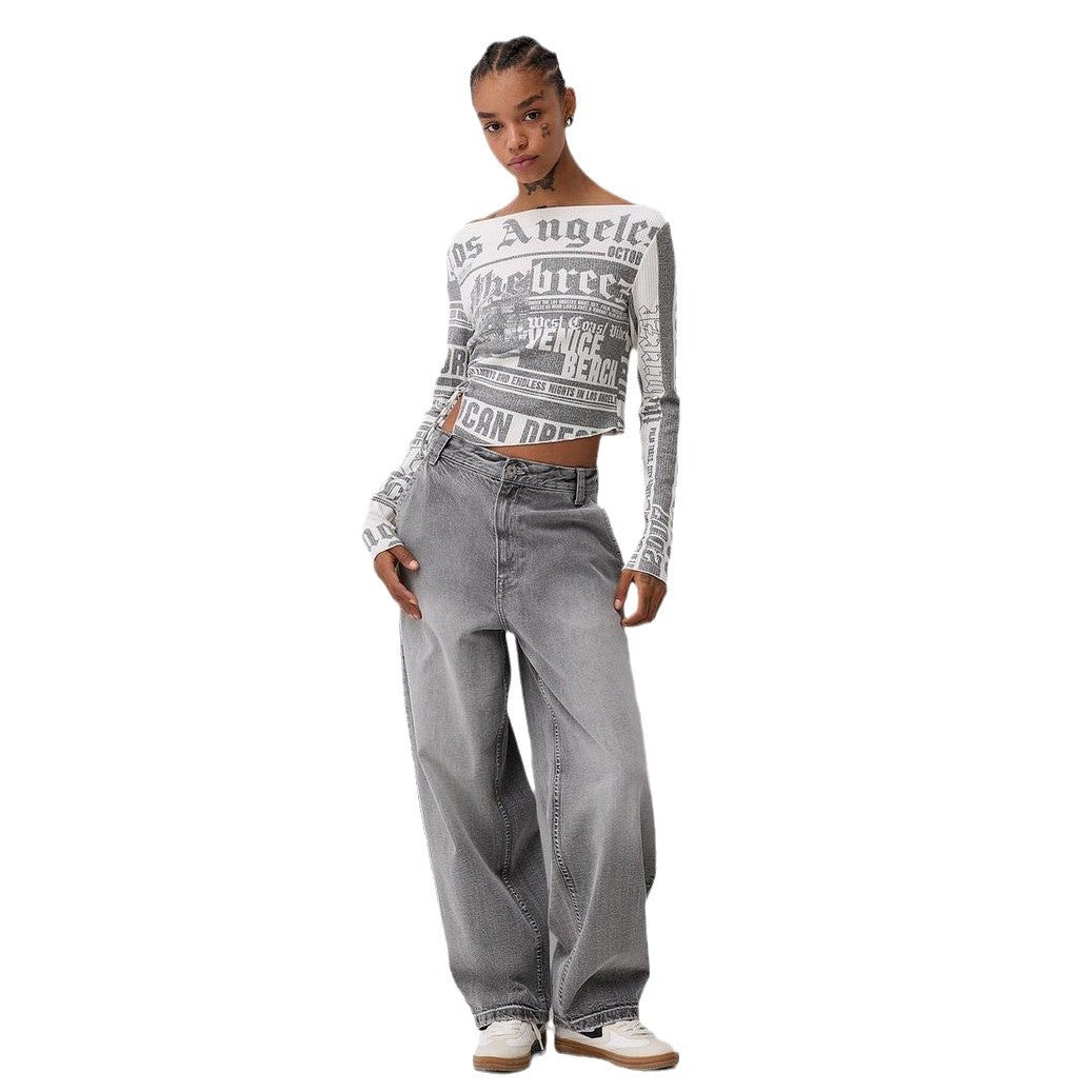 Damen Crop-Top mit kreativem Schriftdesign und weitem Schnitt Stalluxe