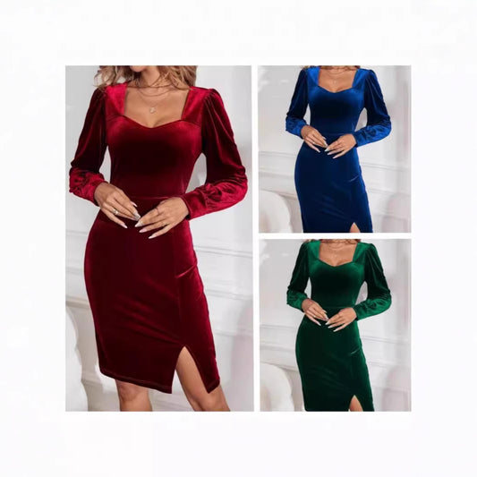 Damen Samt Kleid mit elegantem V-Ausschnitt und Puffärmeln Stalluxe