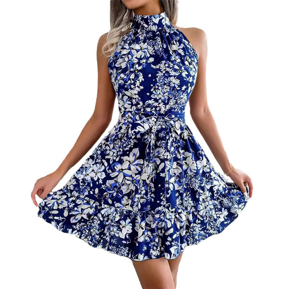 Damen ärmelloses Blumenkleid mit Rüschen und hochgeschlossenem Design Stalluxe