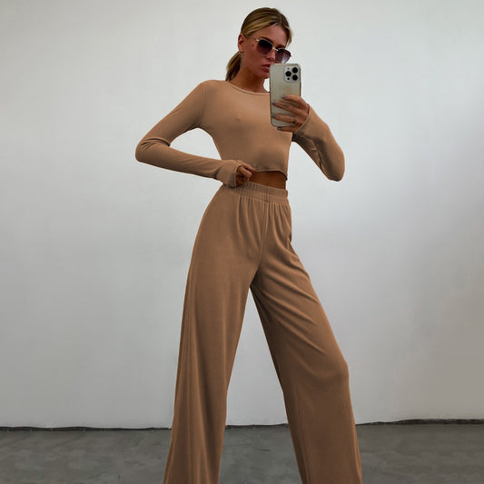 Damen cropped Set mit langen Ärmeln und elastischen Hosen Stalluxe