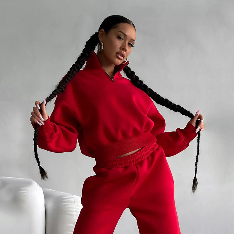 Damen sportliches Crop-Pullover-Set mit hohem Kragen und elastischem Bund Stalluxe