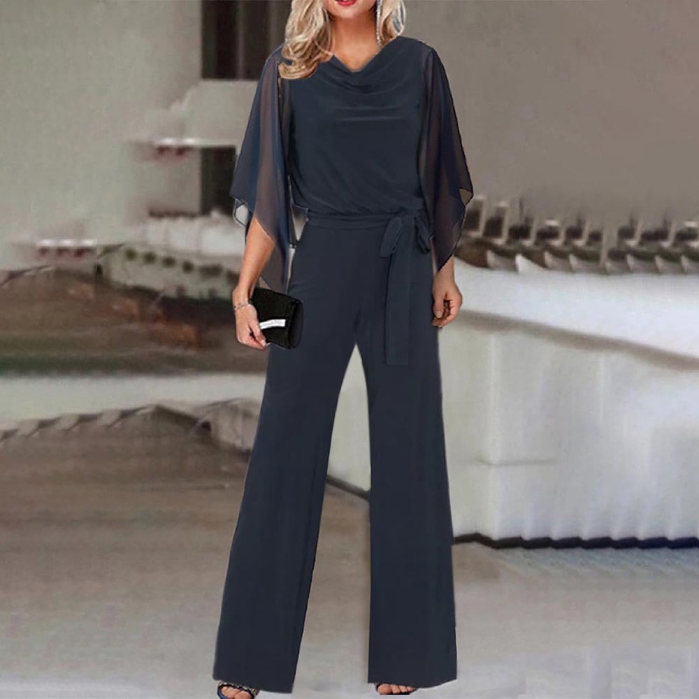 Damen eleganter Jumpsuit mit schwingenden Ärmeln und tailliertem Gürtel Stalluxe