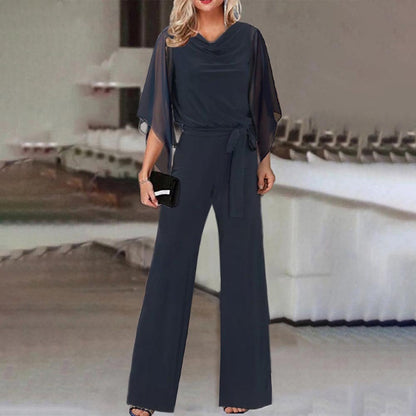 Damen eleganter Jumpsuit mit schwingenden Ärmeln und tailliertem Gürtel Stalluxe