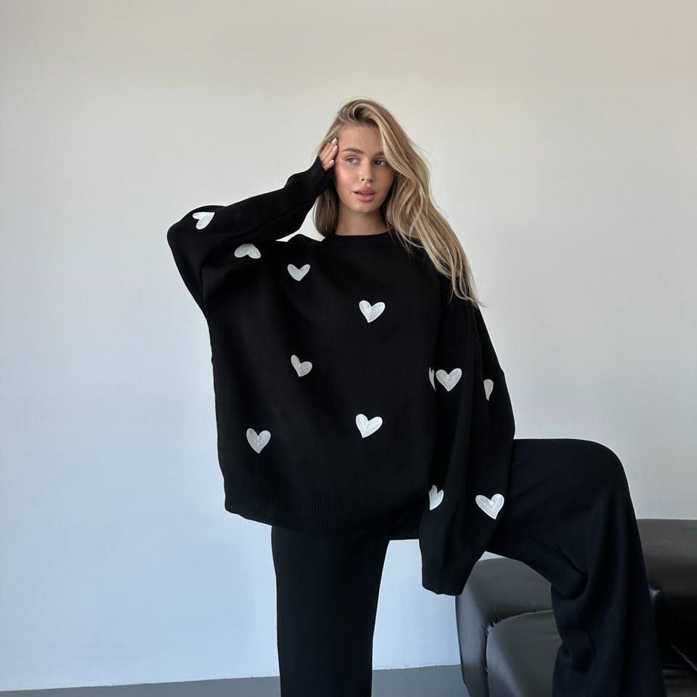 Damen Oversized Pullover mit Herzmotiv Stalluxe Schwarz Weiß