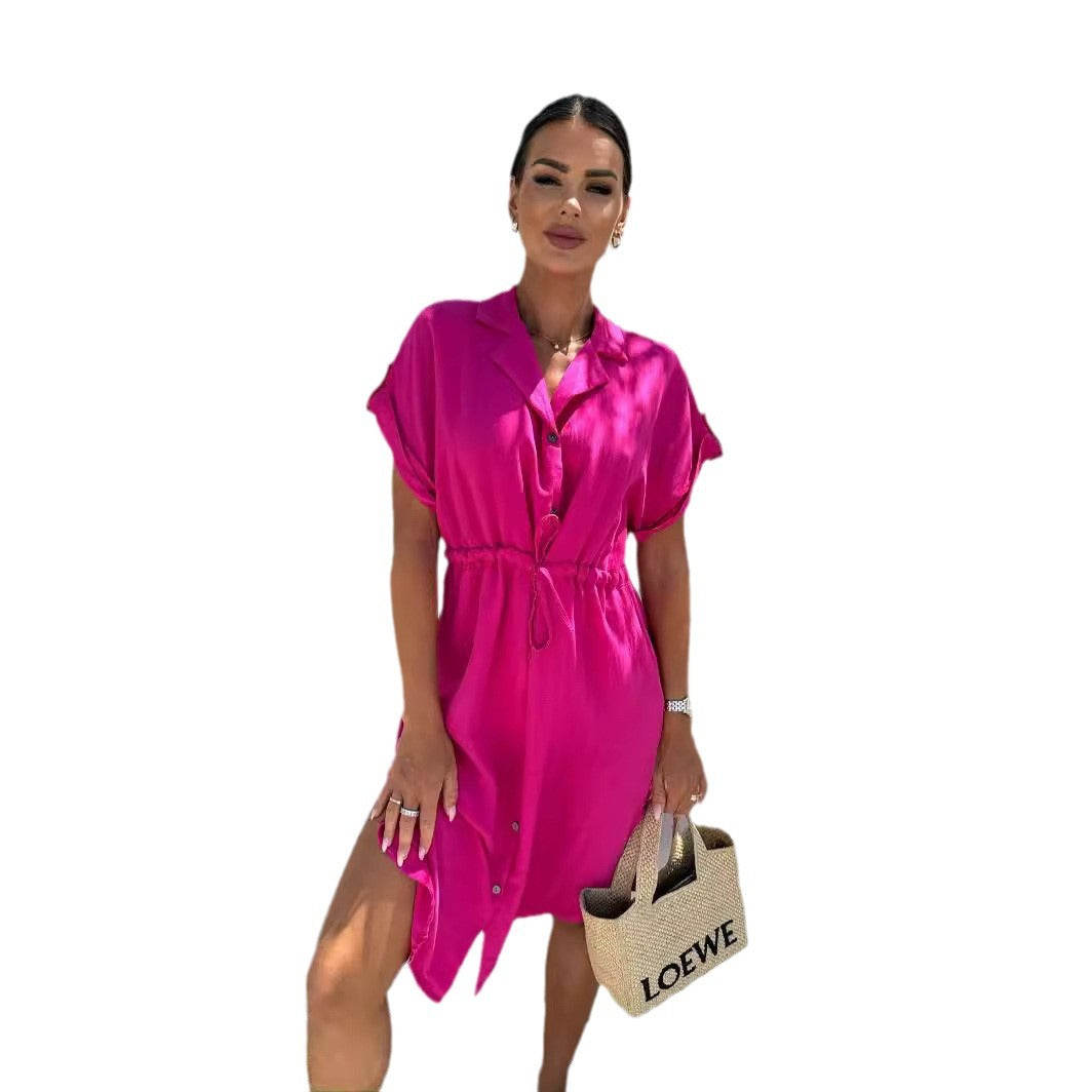 Damen Kurzarm Hemdblusenkleid mit Taillenzug Stalluxe