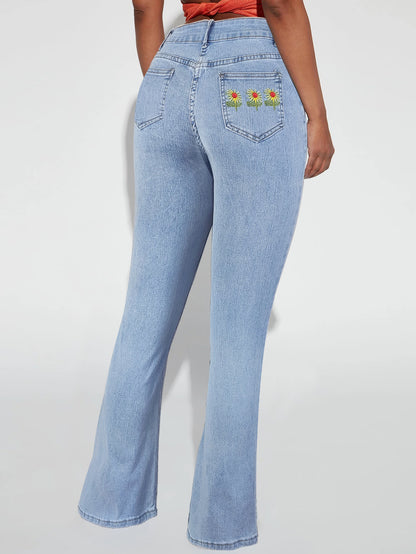 Damen Flared Jeans mit floralem Stickdesign und hohem Taillenschnitt Stalluxe