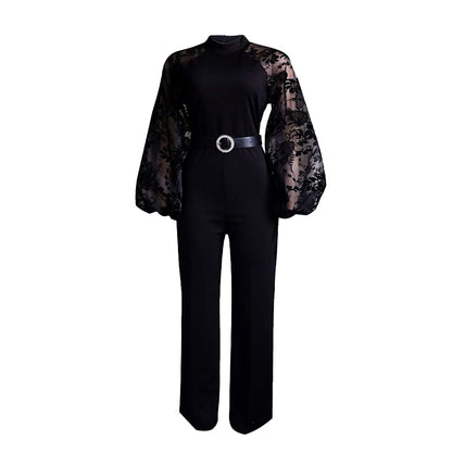 Damen Eleganter Jumpsuit mit transparenter Spitze und Gürtel Stalluxe