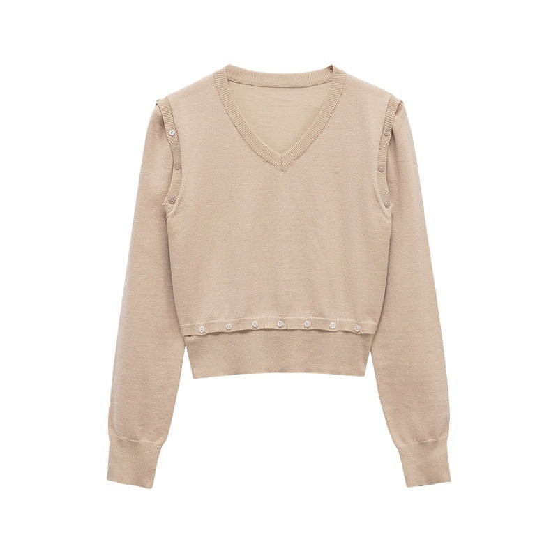 Damen Strickpullover mit V-Ausschnitt und dekorativen Knöpfen Stalluxe