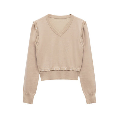Damen Strickpullover mit V-Ausschnitt und dekorativen Knöpfen Stalluxe