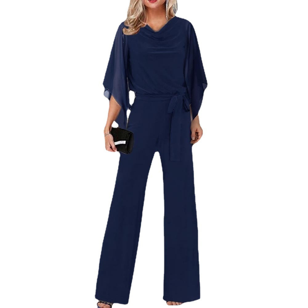 Damen eleganter Jumpsuit mit schwingenden Ärmeln und tailliertem Gürtel Stalluxe