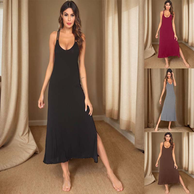 Damen ärmelloses Spaghetti-Träger-Maxikleid mit seitlichen Schlitzen Stalluxe