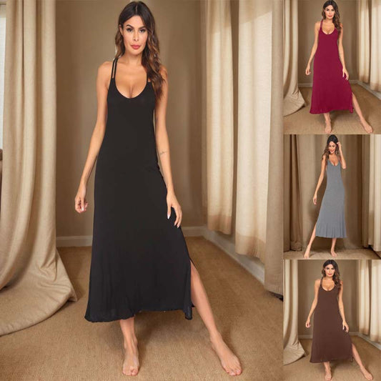 Damen ärmelloses Spaghetti-Träger-Maxikleid mit seitlichen Schlitzen Stalluxe
