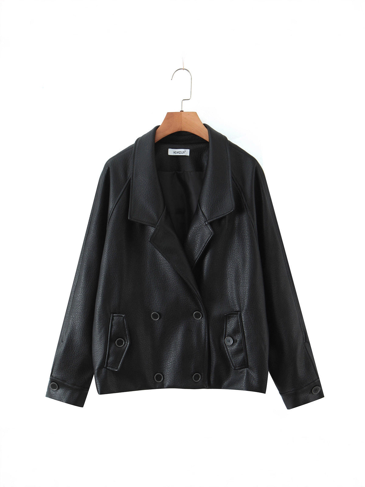 Damen modische Kunstlederjacke mit doppelter Knopfleiste und großem Revers Stalluxe