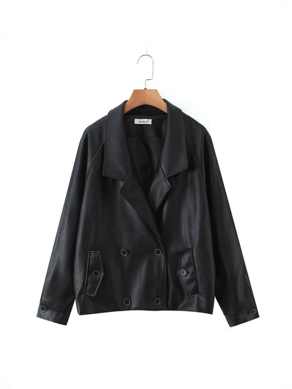 Damen modische Kunstlederjacke mit doppelter Knopfleiste und großem Revers Stalluxe