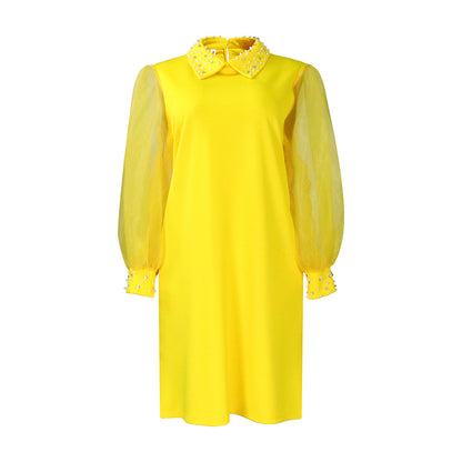 Damen Kleid mit transparenten Ärmeln und Perlenverzierung Stalluxe Gelb