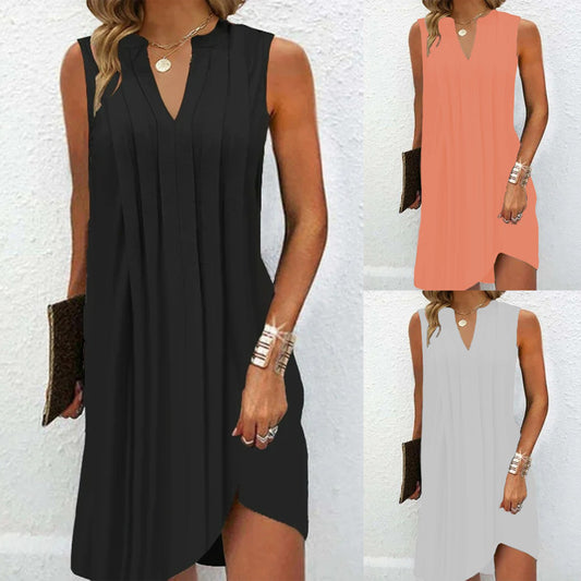 Damen elegantes, ärmelloses Kleid mit V-Ausschnitt und asymmetrischem Saum Stalluxe