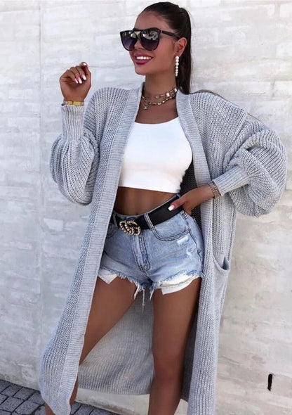 Damen Langer Strickcardigan mit weiten Ärmeln und praktischen Taschen Stalluxe
