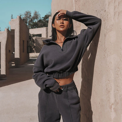Damen lässiger Hoodie mit Reißverschluss und Rüschensaum Stalluxe