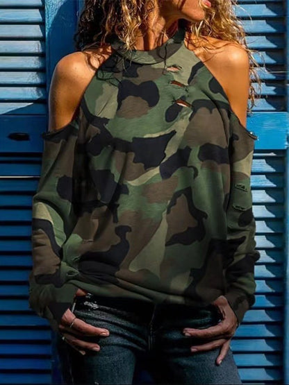 Damen Lässiger Camouflage Pullover mit Off-Shoulder Design Stalluxe