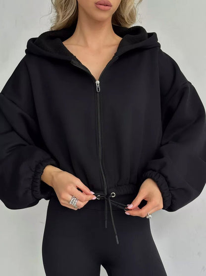 Damen cropped Fleece-Hoodie mit Kordelzug und weiten Ärmeln Stalluxe