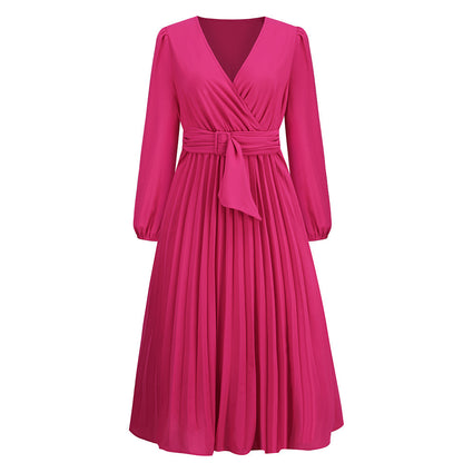 Damen Plissiertes Wickelkleid mit elegantem V-Ausschnitt und Taillengürtel Stalluxe Fuchsia