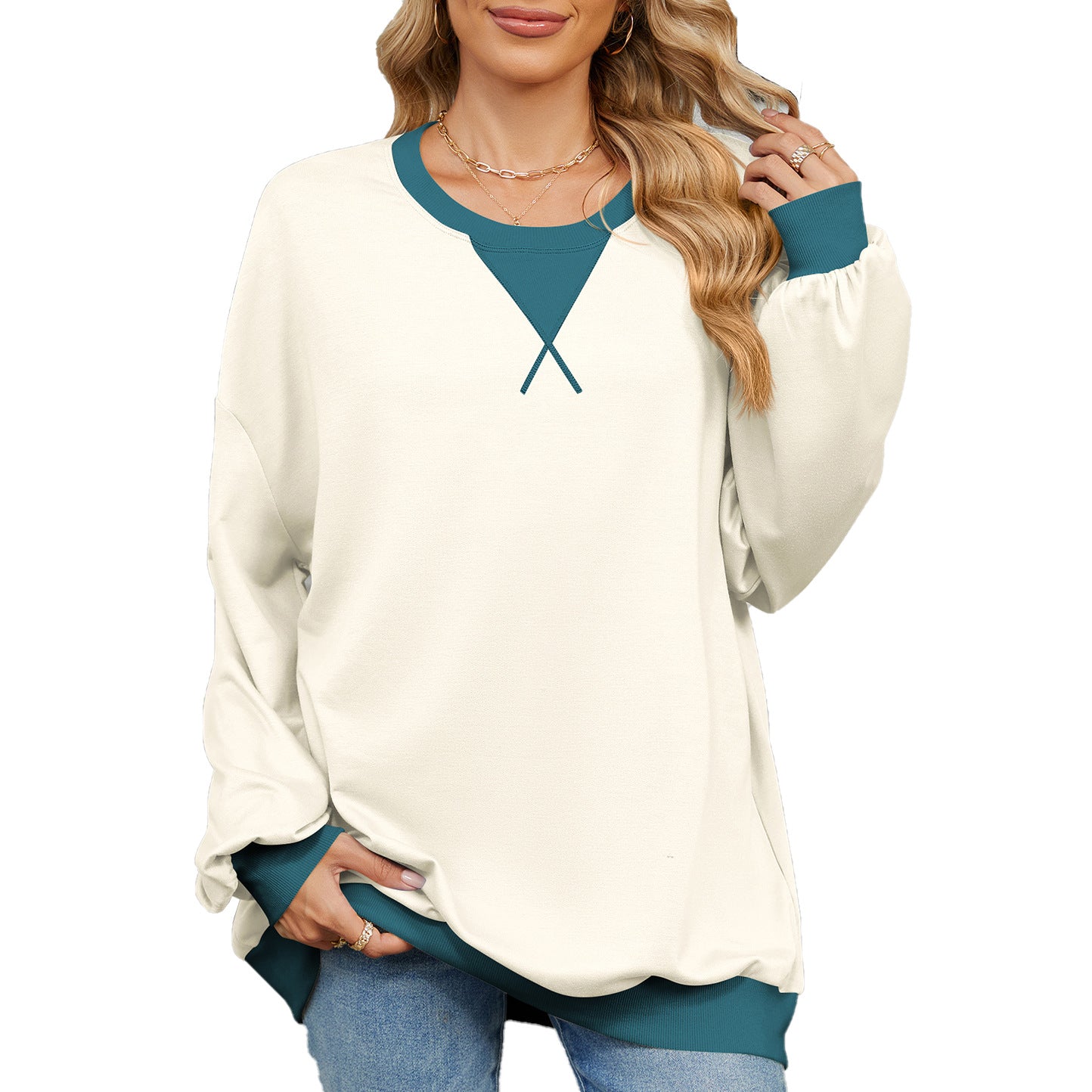 Damen lässiges Oversized Sweatshirt mit modernem V-Ausschnitt und eleganten Ärmelbündchen Stalluxe