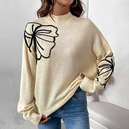 Damen weicher Strickpullover mit floralem Muster und hohem Kragen Stalluxe