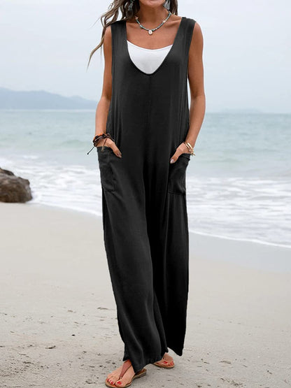 Damen Weit geschnittene Sommer-Jumpsuit mit praktischen Taschen und V-Ausschnitt Stalluxe