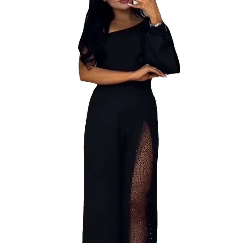Women's Asymmetrical One-Shoulder Jumpsuit with Sequined Panel Stalluxe