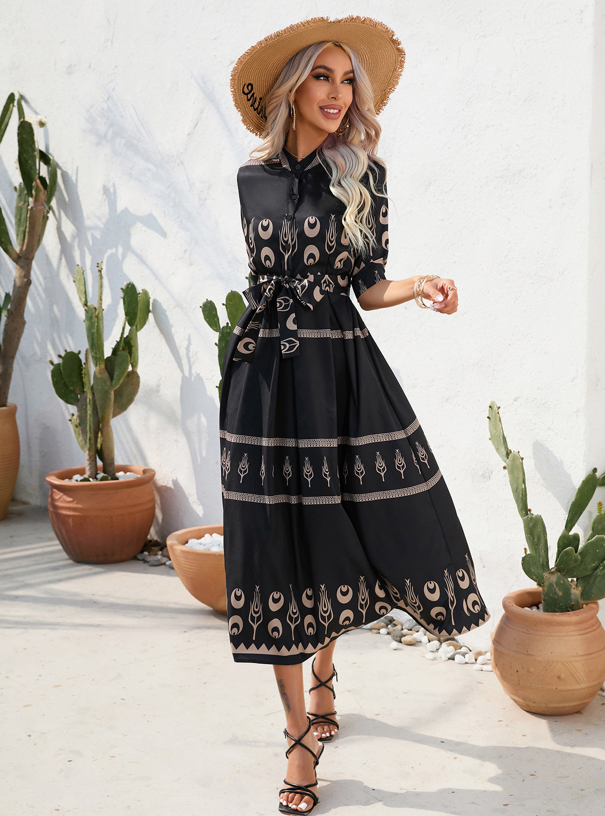 Damen Midi-Kleid mit floralem Print und verstellbarem Taillengürtel Stalluxe