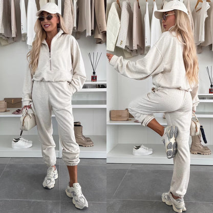 Damen sportliches Fleece-Set mit halbem Reißverschluss und elastischem Bund Stalluxe
