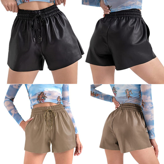 Damen lässige Shorts aus innovativem Kunstleder mit elastischem Bund und praktischen Knopfdetails Stalluxe