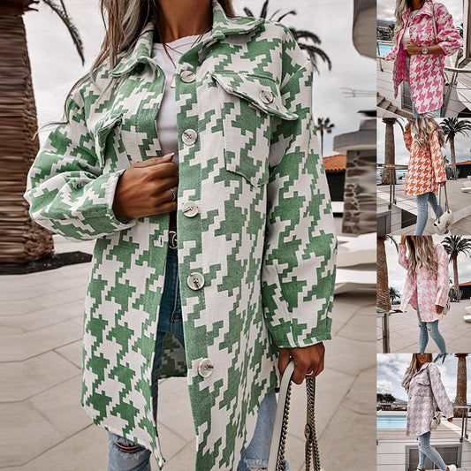 Damen Oversized Jacke im Hahnentritt-Design mit Taschen Stalluxe