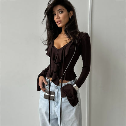 Damen Langarmbluse mit Rüschen und tiefem V-Ausschnitt Stalluxe