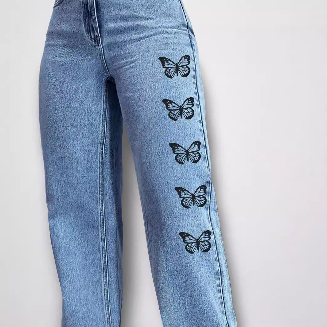 Damen Weit geschnittene Jeans mit modischem Schmetterlingsdesign Stalluxe